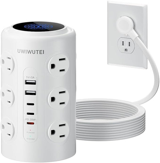 Tower Power Strip with 1 Dedicated PD 20W Fast-Charging Port, 12 Outlets, 5 USB Ports (3 USB-C), 1800J Protector, Desk Charging Station for Multiple Devices,15FT Extension Cord, Home Office Essentials