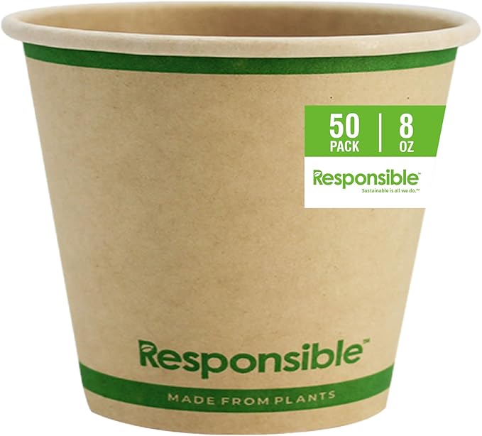 Responsible Products Certified Compostable 8 oz Paper Cups, Cold ＆ Hot Coffee Cups, Disposable Paper Cups, Extra Strength Disposable Cups, Made without PFAS (50 count)