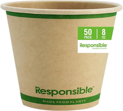 Responsible Products Certified Compostable 8 oz Paper Cups, Cold ＆ Hot Coffee Cups, Disposable Paper Cups, Extra Strength Disposable Cups, Made without PFAS (50 count)