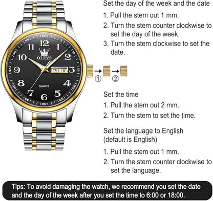 Men's Casual Stainless Steel Watch, Big Face Easy to Read Analog Quartz Watch with Day and Date, Classic Waterproof Diamond Roman Arabic Numerals Dial Dress Watch for Men, Gold Silver Black Band