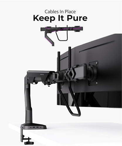 Dual Monitor Arm Desk Mount with Gas Spring & USB Charging, Fits 17–32” inches Screens up to 33 lbs, VESA 75x75/100x100, Crossbar Handle for Easy Adjustment, Black, Dual
