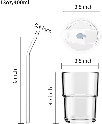 13oz/400ml Tumbler Water Glass, Cups with Straw and Lid Sealed Carry on for Coffee, Iced Tea, Thick Wall Insulated Glass Cup (white,2pack)