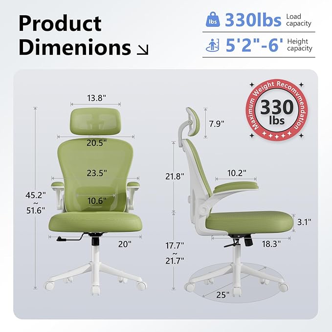 Computer Desk Chair, Ergonomic Office Chair M903 with Wheels, High Back Mesh Office Chair with Adjustable Lumbar Support, Headrest, Flip-Up Armrests, Green