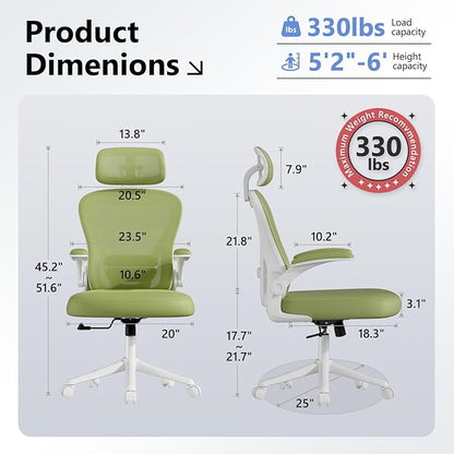 Computer Desk Chair, Ergonomic Office Chair M903 with Wheels, High Back Mesh Office Chair with Adjustable Lumbar Support, Headrest, Flip-Up Armrests, Green