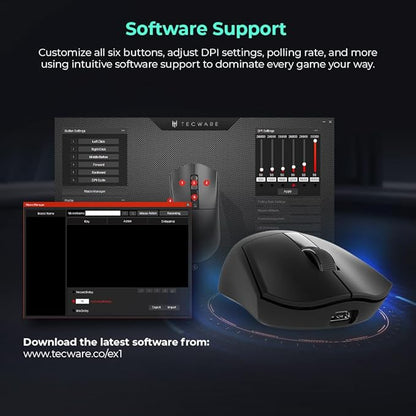 TECWARE EX1 Lightweight Gaming Mouse, 26K DPI Wireless Mouse, OLED Screen Display, 59g Lightweight, RGB Charging Dock, Tri-Mode Connectivity, Comes with PTFE Feet and Grip Tape, Gaming Mouse (Black)