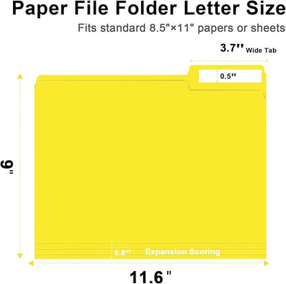File Folder, RAZCC 100 Pack 1/3 Cut Tab File Folders Letter Size, Yellow, Folders with Tab, Great for Organizing and Easy File Storage