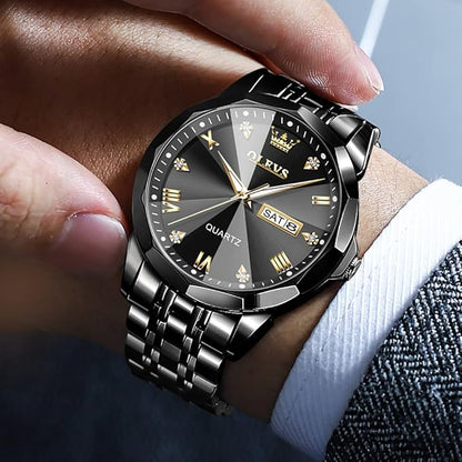 OLEVS Watches for Men Diamond Business Dress Analog Quartz Stainless Steel Date Luxury Casual Fashion Wrist Watch Waterproof Luminous