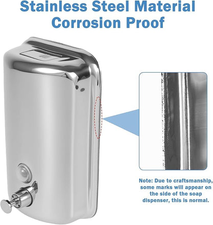 2 Pack 1000ml Hand Soap Dispenser, Commercial Soap Dispenser Wall Mounted, Stainless Steel Refillable Soap Liquid Dispenser for Bathrooms, Toilets, Hotels, Restaurants (Silver)