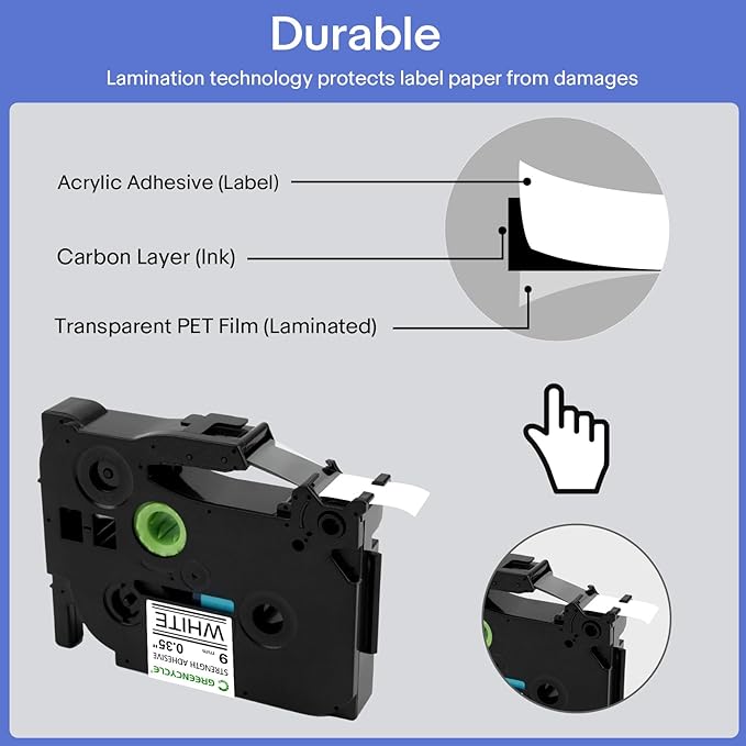 GREENCYCLE Extra Strength Adhesive Black on White Label Tape Compatible for TZE-S211 TZS211 AZES211 1/4" 6mm for PT-E550W PT2430PC 1890C PT-D210 PTP300BT PT-1010 PTH100 PTH110 D200-1 Pack