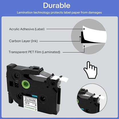 GREENCYCLE Extra Strength Adhesive Black on White Label Tape Compatible for TZE-S211 TZS211 AZES211 1/4" 6mm for PT-E550W PT2430PC 1890C PT-D210 PTP300BT PT-1010 PTH100 PTH110 D200-1 Pack