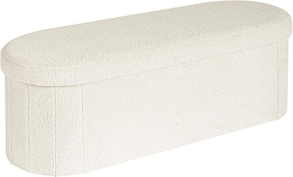 B FSOBEIIALEO Ottoman with Storage for Living Room, Sherpa Folding Storage Ottoman Foot Rest, 43.3 Inches Collapsible Bedroom Bench White
