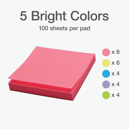 Redi-Tag Sticky Notes, Power Stick Notes, Adhesive Reminders, 3" x 3" Reusable, Strong Adhesive Memos, Assorted Bright Colors, (1000978) (Pack of 192)