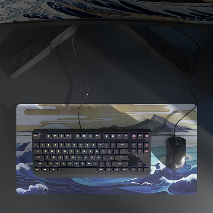 Large Sea Wave Mouse Pad, Blue Anime Desk Mat,Extended Non-Slip Keyboard Mousepad Office Desk Pad 23.6" x 11.8" Gaming Mouse Pads Desktop Protector for Office and Home