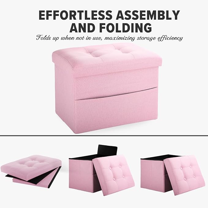 LINMAGCO Storage Ottoman Folding Foot Stool Foot Rest with Side Pocket Modern Ottoman with Storage Short Sofa Stool Linen Cloth 17x13x13(Pink)