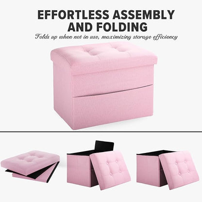 LINMAGCO Storage Ottoman Folding Foot Stool Foot Rest with Side Pocket Modern Ottoman with Storage Short Sofa Stool Linen Cloth 17x13x13(Pink)