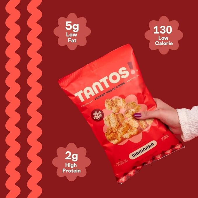 Tantos! Puffed Pasta Chips, Healthy Pasta Snack by Top Chef Joe Sasto, As Seen on Shark Tank, Plant Based, Low Calorie, Crunchy Chips, Variety Pack, Marinara, Pesto, Cacio e Pepe, Classico, Gourmet Bold Flavors, 1 oz 6 Pack of Marinara