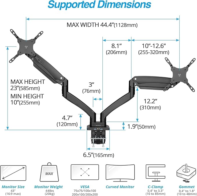 AVLT Dual 13"-43" Monitor Arm - Desk Mount for Two Flat/Curved Monitors - Full Motion Height Swivel Tilt Rotation Adjustable - Black/VESA/C-Clamp/Grommet/Cable Management