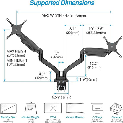 AVLT Dual 13"-43" Monitor Arm - Desk Mount for Two Flat/Curved Monitors - Full Motion Height Swivel Tilt Rotation Adjustable - Black/VESA/C-Clamp/Grommet/Cable Management