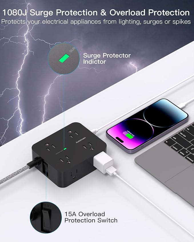 Extension Cord 25 Ft, HANYCONY Surge Protector Power Strip with 8 Outlets 4 USB Ports(2 USB C), Long Cord, Wall Mount, Desk USB Charging Station for Home Office College Dorm Room Essentials