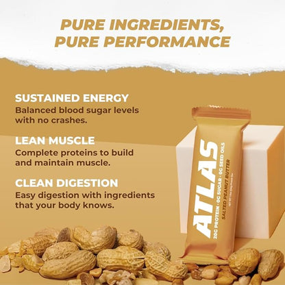 Atlas Bar – 20g Protein, 1g Sugar, 0g Seed Oils, 0g Artificial Sweeteners (12 Count, Salted Peanut Butter)
