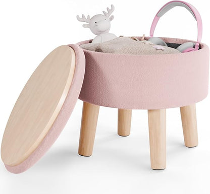 Poofzy Small Ottoman with Storage, Small Foot Stool Ottoman with Wood Legs, Velvet Foot Rest for Couch, Living Room and Bedroom - Pink