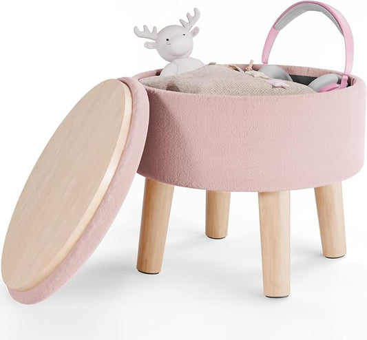 Poofzy Small Ottoman with Storage, Small Foot Stool Ottoman with Wood Legs, Velvet Foot Rest for Couch, Living Room and Bedroom - Pink