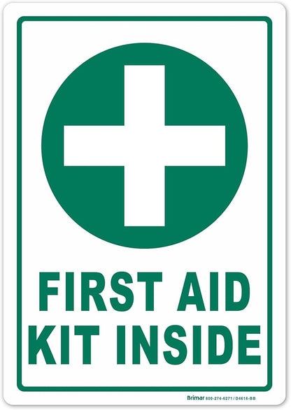 Brimar - 7" x 10" - First Aid Kit Inside Sign - 3.5 Mil InfiniStick™ Vinyl Label - Easy Installation - High Visibility