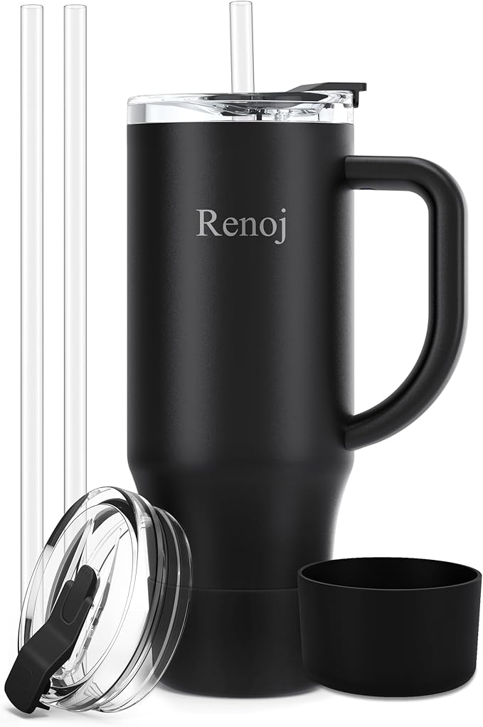 Renoj Tumbler with Handle 100% Leak Proof Insulated Water Bottle for Iced Coffee & Hot Drinks - Fits Car Cup Holder, Ideal Gift, 2 Straws & Silicone Boot BPA-Free - SnapShift Black 40 oz