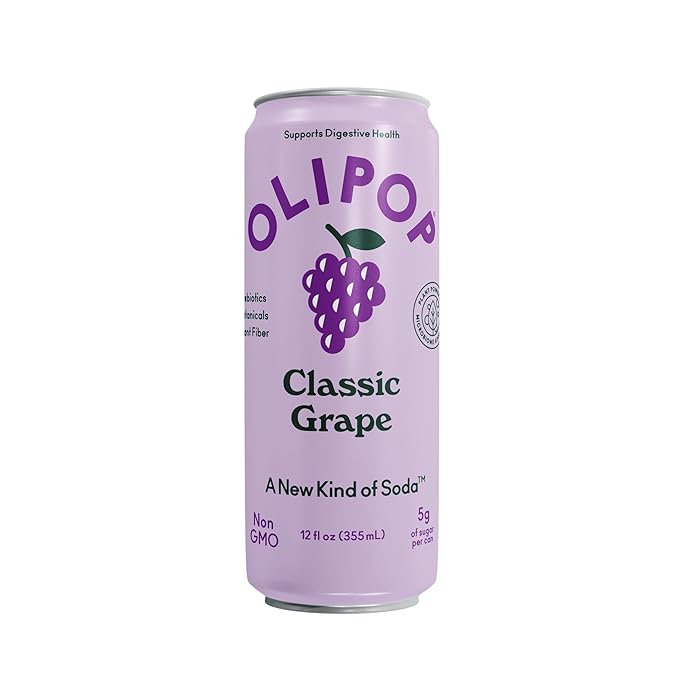 OLIPOP Prebiotic Soda Pop, Classic Grape, Pantry Pack Packed with Prebiotics, Fiber, and Botanicals, Gluten Free, Vegan, GMO Free, 12oz Skinny (12-Cans)