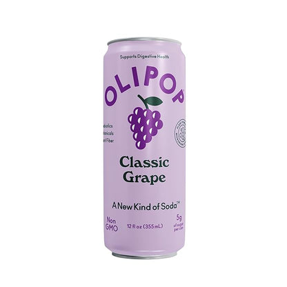 OLIPOP Prebiotic Soda Pop, Classic Grape, Pantry Pack Packed with Prebiotics, Fiber, and Botanicals, Gluten Free, Vegan, GMO Free, 12oz Skinny (12-Cans)
