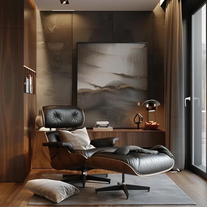 Mid Century Chaise Lounge Chair with Ottoman, Top Black Grain Leather, Modern Office Chair Classic Design, Heavy Duty Base Support for Living Room Study Lounge Office