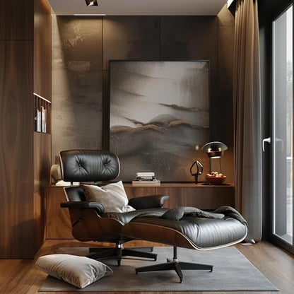 Mid Century Chaise Lounge Chair with Ottoman, Top Black Grain Leather, Modern Office Chair Classic Design, Heavy Duty Base Support for Living Room Study Lounge Office