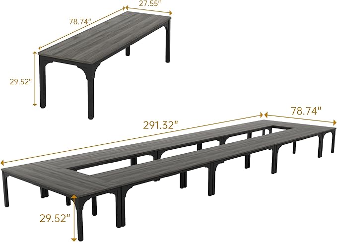 Conference Table, Super Sturdy Large Rectangle Meeting Seminar Table, Long Business Tables, Grey, 8Pcs