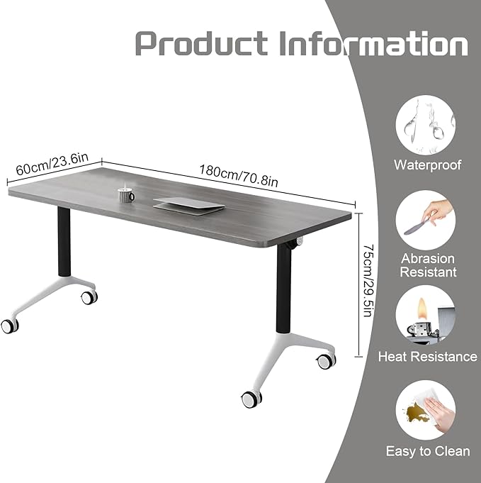 Conference Table,Folding Conference Table with Silent Wheels,Rectangular Business Conference Room Table,for Reception Offices Classrooms Meeting Training Room (4, Grey, 70.8in)