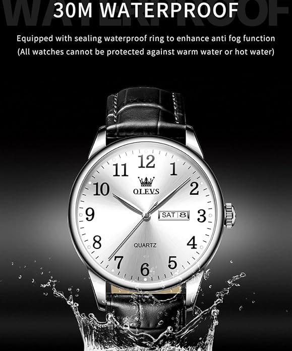 OLEVS Mens Watches Vintage Leather Band Dress Classic Easy Reader Arabic Numerals Analog Quartz Waterproof Date and Day Blue/Black/White Large Face Men's Wrist Watches