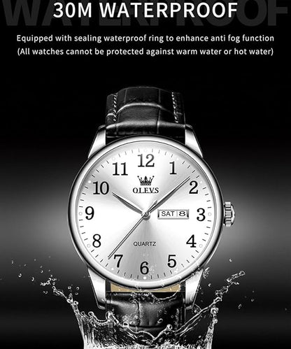 OLEVS Mens Watches Vintage Leather Band Dress Classic Easy Reader Arabic Numerals Analog Quartz Waterproof Date and Day Blue/Black/White Large Face Men's Wrist Watches