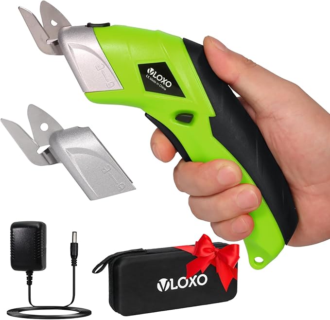 Cordless Electric Scissors, VLOXO Cardboard Cutter Electric Fabric Scissors with Blades Rechargeable Powerful Fabric Cutter for Crafts Leather Carboard Carpet Plastic Felt with Case Green