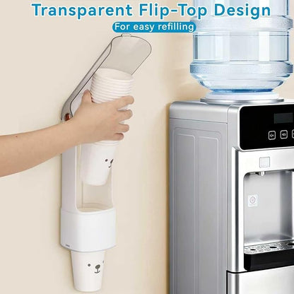 Cup Dispenser, Disposable Cup Holder for 5-7 oz Paper Cups and Plastic Cups, Wall Mount Water Cooler Cup Holder for Bathroom Office Home Gym, Pull Type Water Cup Dispenser with Clear Window - White