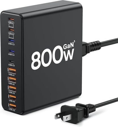 800W USB C Charger Block,10-Port Charging Station GaN Fast Charging Type C & USB A Wall Charger Adapter for MacBook Pro/Air,iPhone,iPad,Dell XPS,Samsung Galaxy (Bright Black)