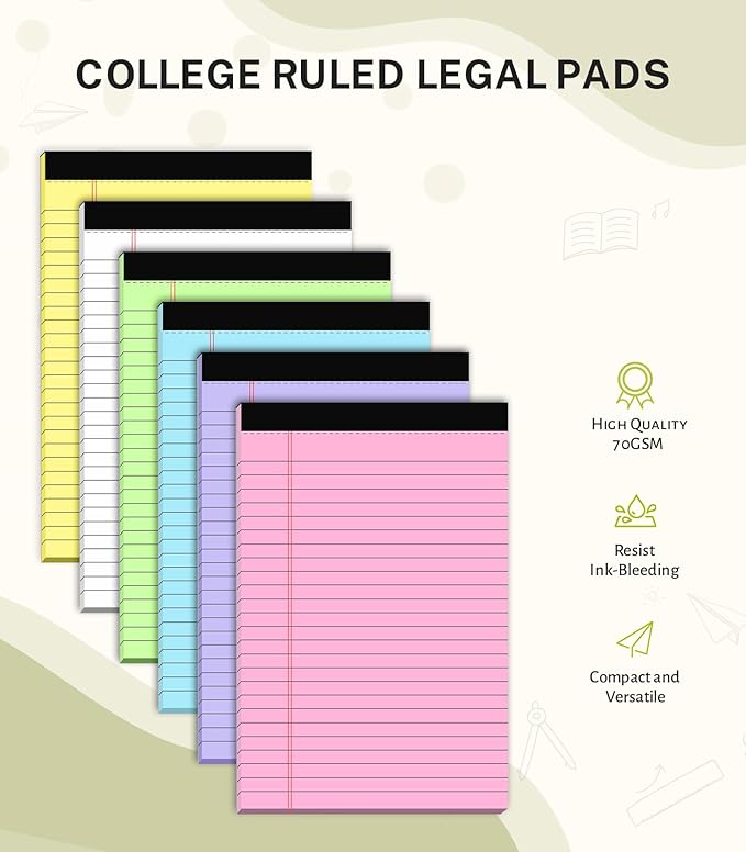 36 Pack Note Pads 5x8, Narrow Ruled Legal Pad, Multicolor Small Writing Pads, 30 Sheet/notepad,Colored Legal Pads, Pink Lined Notepad, Purple Notepads, Perforated Lined Note Pads for Study, Office, To-Do Lists