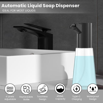 2 Pack Automatic Liquid Soap Dispenser Touchless,Hand & Dish Electric Dispenser 4-Level Adjustable,450ML Waterproof Rechargeable Kitchen Auto Soap Pump,The Bottle is Replaceable
