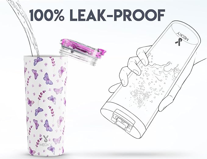 Meoky 24 oz Travel Coffee Mug with Leak-proof Lid, Stainless Steel Insulated Coffee Tumbler, Keeps Hot for 8 Hours or Cold for 24 Hours, Fits in Car Cup Holder (Lavender Butterfly)