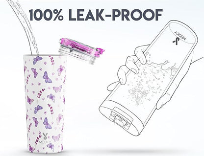 Meoky 24 oz Travel Coffee Mug with Leak-proof Lid, Stainless Steel Insulated Coffee Tumbler, Keeps Hot for 8 Hours or Cold for 24 Hours, Fits in Car Cup Holder (Lavender Butterfly)