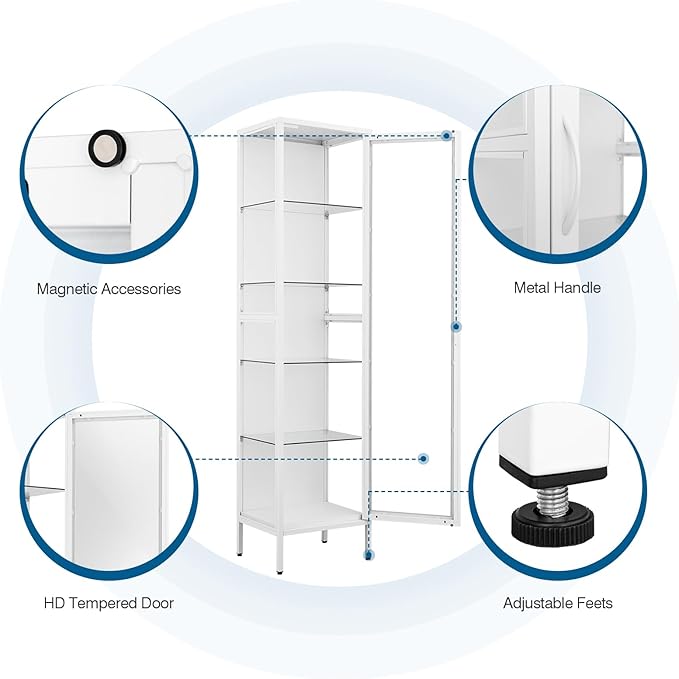 Display Storage Cabinet with Glass Doors, 71 Inches Metal Curio Cabinets with 4 Adjustable Shelves, HD&Tempered Glass Cabinet Display Case for Home, Office, Pantry, Assemble Required (White)