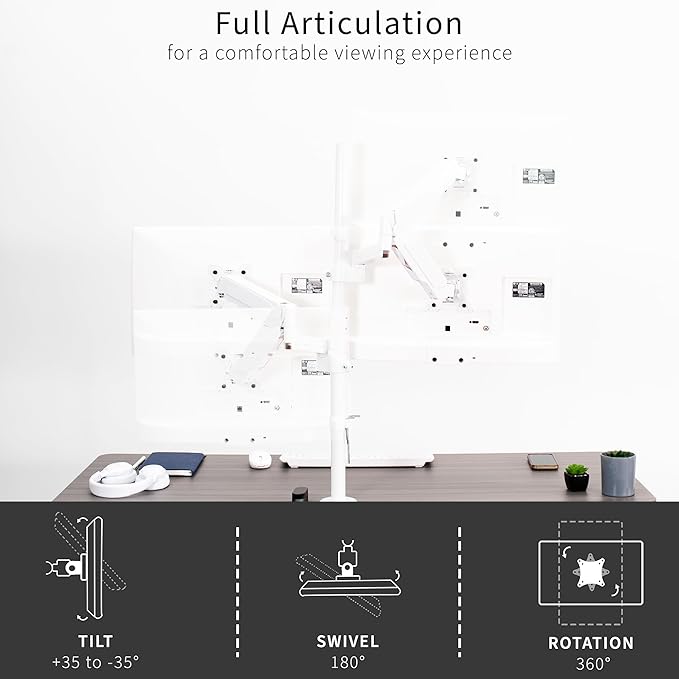 VIVO Dual Monitor Arm Extra Tall Mount for Screens up to 32 inches, Pneumatic Height Adjustment, Full Articulating Heavy Duty VESA Stand with Desk C-clamp and Grommet, White, STAND-V012KW