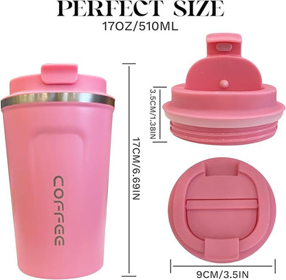 YINBAOGE Insulated Travel Coffee Mug, Spill & Leak Proof, Portable To Go Camping Stainless Steel Coffee Tumbler, Reusable Thermal Coffee Cup with Lid for Hot & Cold Drinks (2nd-Pink, 17 OZ)