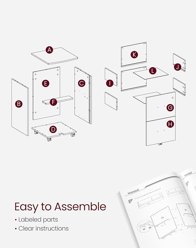 VASAGLE 2-Drawer File Cabinet, Locking Filing Cabinet for Home Office, Small Rolling Printer Stand, A4, Letter-Size Hanging Files, Assembly Required, White ULCD027T46V2