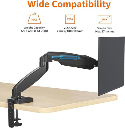 Amazon Basics Gas Spring Single Computer Monitor Arm Mount, Adjustable, Holds up to 27" Monitors, Black