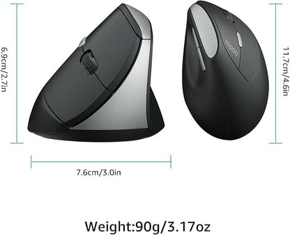 Rapoo EV250 Silent Vertical Ergonomic Mouse, 2.4G Wireless Optical Mouse, 800/1000/1200/1600 DPI, Quiet Clicks, 5 Buttons, Compatible with Windows/Mac OS/iPad OS, Laptop, PC - Black