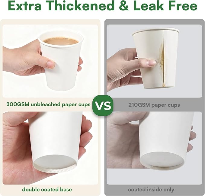 12 oz Coffee Cups Disposable White Paper Cups, 500 Pack BPA Free Leak Proof Hot Cups, 300GSM Thickened Disposable Cups,Unbleached Hot Cold Drink Cups for Everyday Home Office Coffee Bar Party Supplies